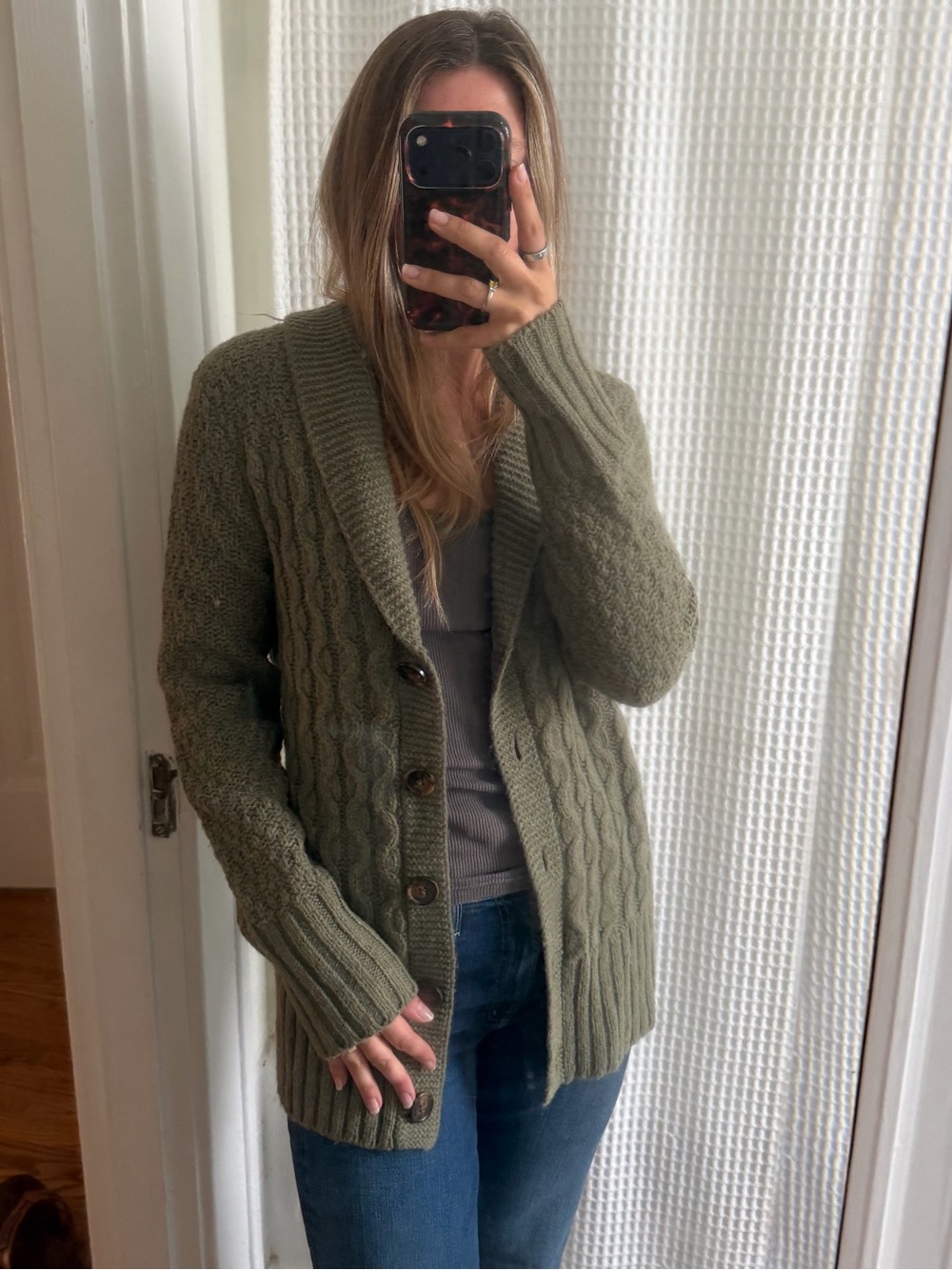 Eddie Bauer Wool Olive Cable Knit Shawl Collar Cardigan